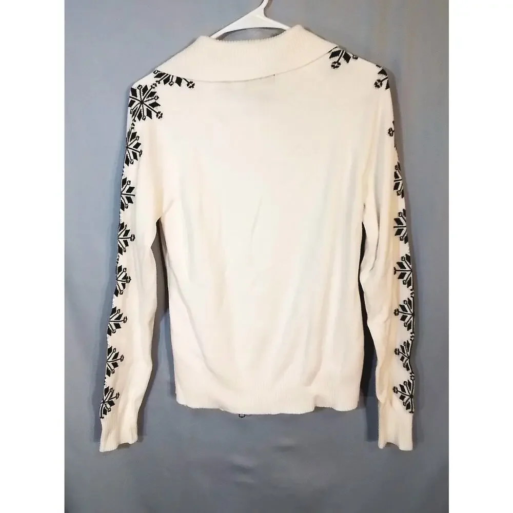 Eddie Bauer; white zip sewater with snowflake pattern
